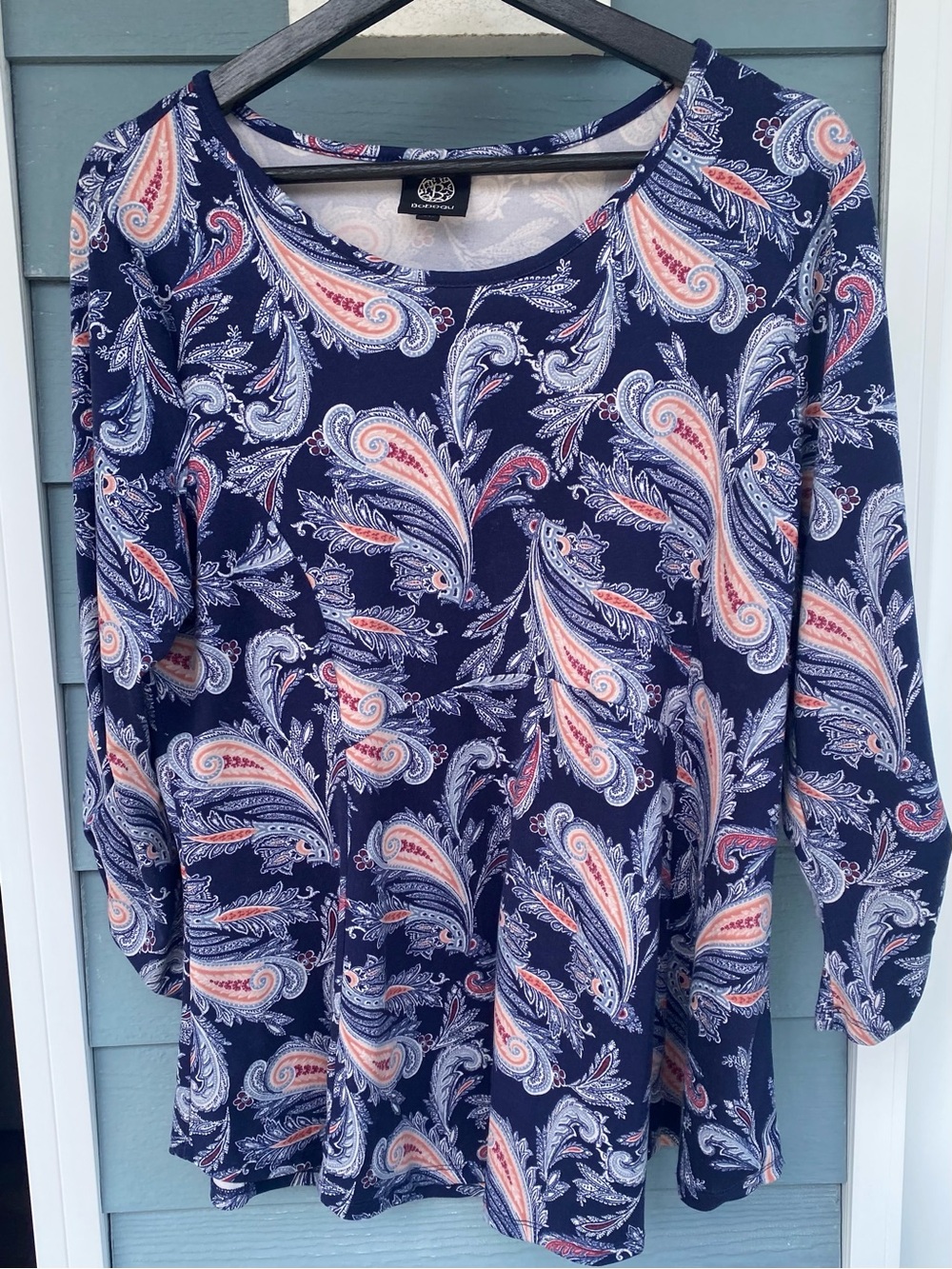 Bobeau Navy Paisley Long Sleeve Top with Pink and White Motif